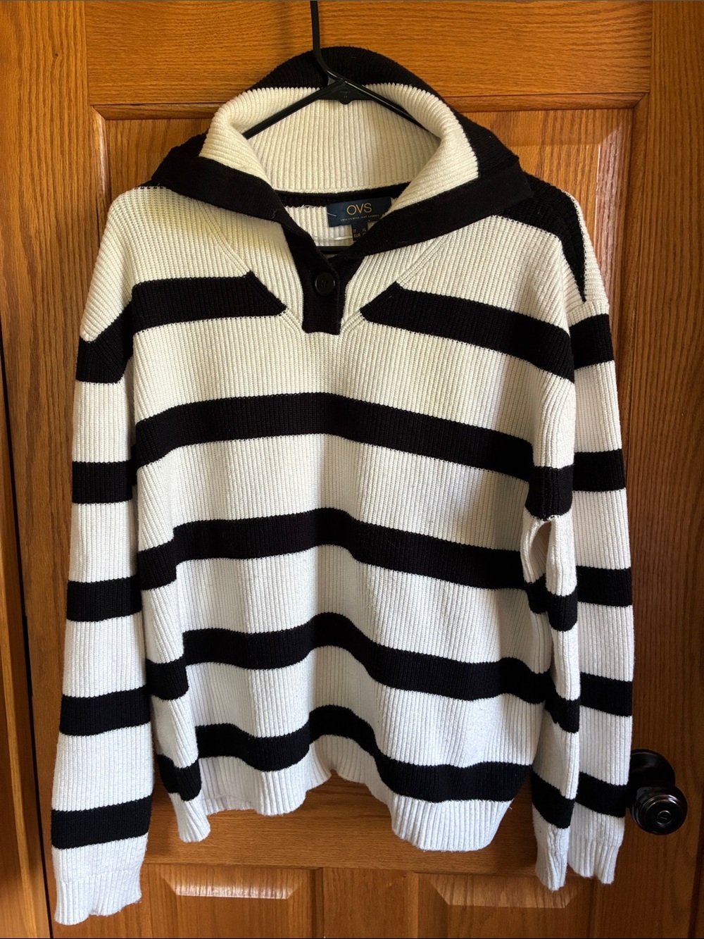 OVS Women's Black & White Striped V-Neck Sweater with Collar